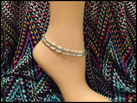 Aquamarine Stretch Ankle Bracelet - March Birthstone - Set of 2 - Petite to Plus Sizes