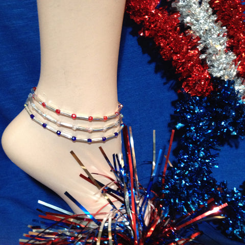 Red, Silver and Blue Stretch Ankle Bracelet - Set of 3 - Petite to Plus Sizes