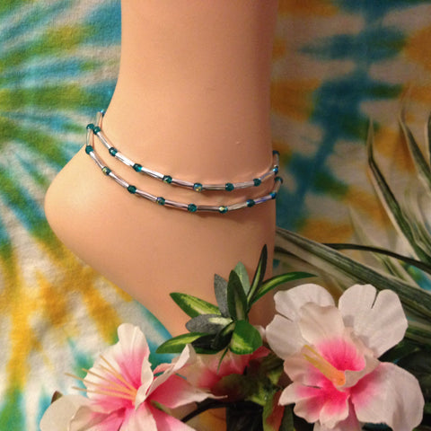 Teal Stretch Ankle Bracelet - Set of 2 - Petite to Plus Sizes